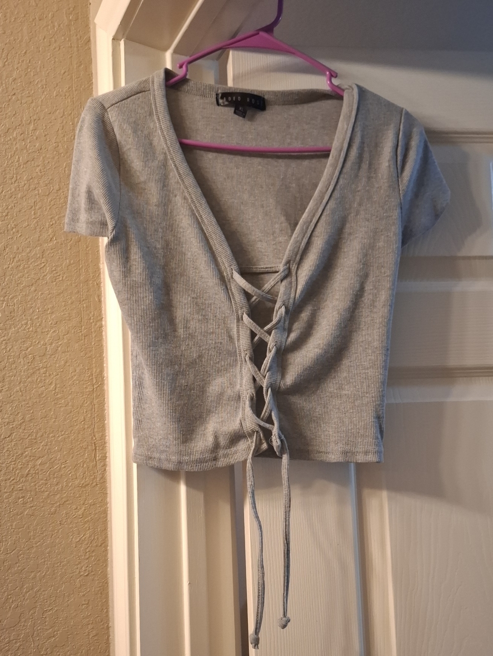 Light Gray Ribbed Lace-Up Crop Top